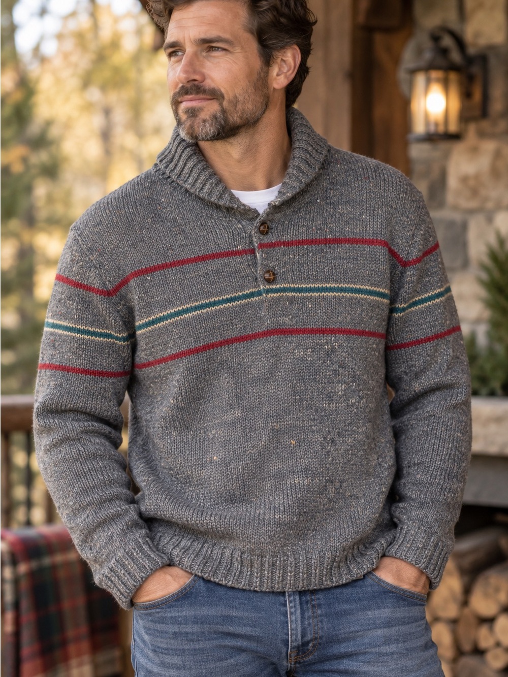 Vintage Pendleton Men’s S Pure Virgin Wool Gray Striped Shawl Collar Sweater USA